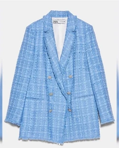 NWT ZARA Sky Blue Tweed Jacket Blazer Boucle Crystal Buttons MEDIUM Fringe NEW - Picture 1 of 7