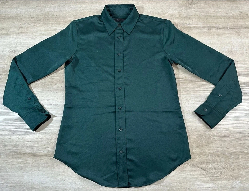 Camisa Polo Ralph Lauren Mujer Verde S Metálica Satén Poliéster Manga Larga Foto 1 de 4