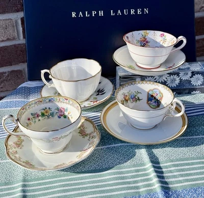 Чайная вечеринка английский красивый кости фарфора чай чашки блюдца 4 комплект лот общее несоответствие - Изображение 1 из 4