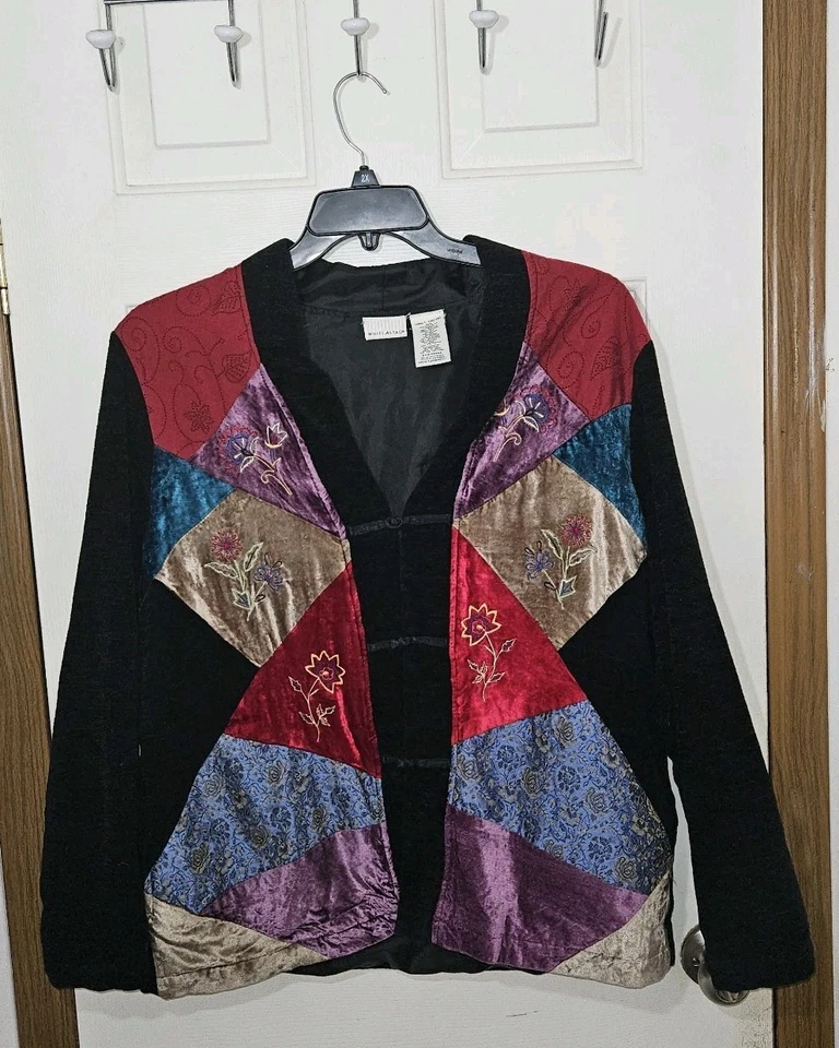 Chaqueta bordada de terciopelo estilo asiático ciervo blanco vintage años 90 bloques de colores talla L Foto 1 de 4