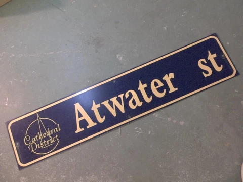 Vintage ATWATER ST Cathedral District Street Sign 42" X 9" -GOLD on NAVY Ground Cover