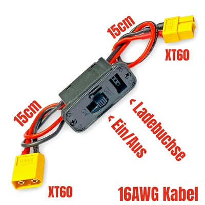 ✅ Ein/Aus On/Off Schalter Schalterkabel XT60 Stecker Buchse mit Ladebuchse 16AWG - Bild 1 von 4