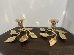 Pair of Brass Leaves Candle Holder 3.5" Tall - Picture 1 of 3