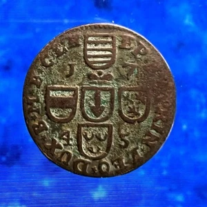 1745 LIEGE BELGIUM LIARD GENUINE ANTIQUE ORIGINAL OLD MONEY BELGIQUE MONNAIE - Picture 1 of 3