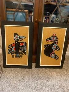 VINTAGE SET OF 2 NORTHWEST TRIBAL HANGING PICTURES 1969 SIGNED - Picture 1 of 13