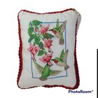 HAND MADE Cross-stitched Hummingbirds Flowers Throw Accent Pillow Red Rectangle 