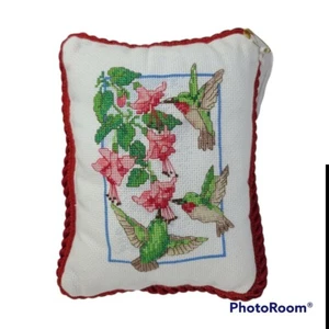 HAND MADE Cross-stitched Hummingbirds Flowers Throw Accent Pillow Red Rectangle  - Picture 1 of 8