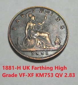 1881-H Great Britain UK Queen Victoria Bunhead 1 One Farthing High Grade VF-XF - Picture 1 of 5