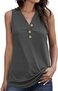 WIHOLL Womens Tank Tops V Neck Casual Summer Sleeveless Tops Button Up Shirt - Picture 1 of 5