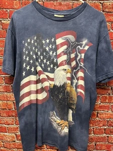 The Mountain American Flag & Bald Eagle Big Graphic Blue T-Shirt Medium Men - Picture 1 of 5