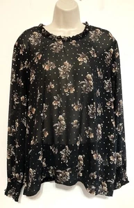 Maurices XL blouse black brown white floral gold accent long sleeve keyhole back - Picture 1 of 11