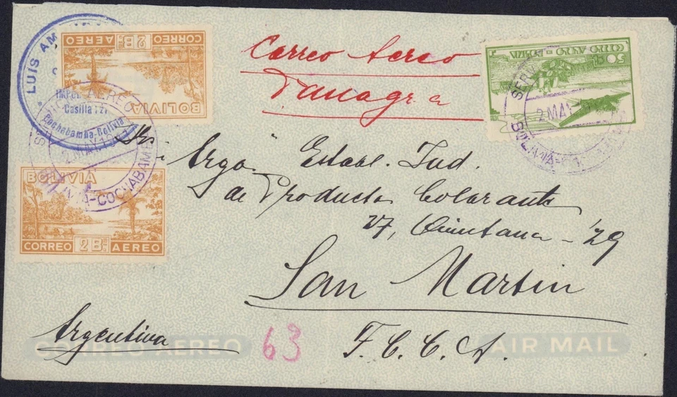 BOLIVIA AIRMAIL WW2 COVER 1941 COCHABAMBA ARGENTINA - Image 1 of 1