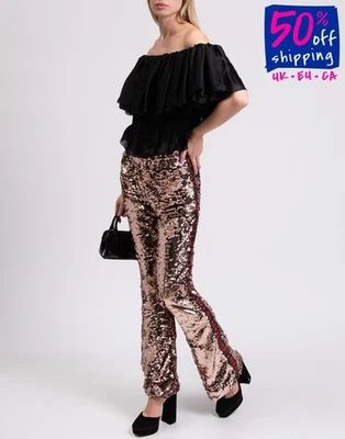 RRP €650 FAITH CONNEXION Flared Trousers Size S Sequins Striped Sides High Waist - Image 1 of 4