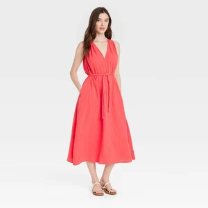 Universal Thread Women's Belted Gauze Midi Dress Coral Medium Summer Travel - Picture 1 of 4