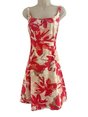 R&K Red Coral Floral Print Cotton Fit & Flare Sundress Size 14 Summer Wedding - Image 1 of 4