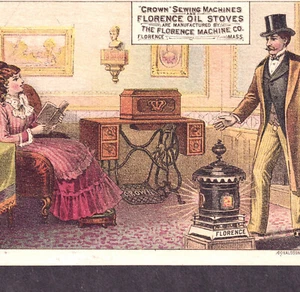Máquina de coser corona victoriana estufa de aceite florence esposo esposa felicidad tarjeta comercial - Imagen 1 de 11