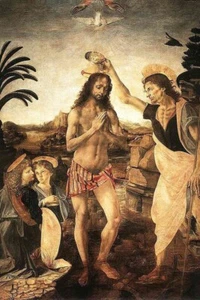 LEONARDO DA VINCI The Baptism of Christ 4x6 GLOSSY PRINTED POSTCARD - Picture 1 of 2