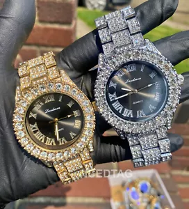 Reloj de pulsera Hip Hop Cubic Zirconia Bling Oro Helado PT Negro Lujo Para Hombre Rapero - Imagen 1 de 7