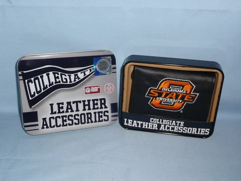 OKLAHOMA STATE COWBOYS embroidered Leather TriFold Wallet  NEW in TIN BOX  black Cover