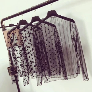 Women Sheer Mesh Top Ladies Long Sleeve See Through Turtleneck T Shirt Blouse ➳ - Picture 1 of 32