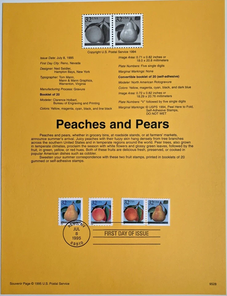 1995 USPS Souvenir Page  Peaches and Pears #2487 & 2488 32¢ w/Watermark Archival - Image 1 of 1