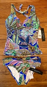 Neu mit Etikett La Blanca Damen V-Ausschnitt Neckholder Tankini 2-teilig Badeanzug Multi Aztekenblätter Gr. 4 - Bild 1 von 6