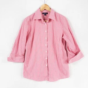 Lands' End Shirt 8 Red White Gingham Check Button Up Cotton Stretch French Cuffs - Picture 1 of 8