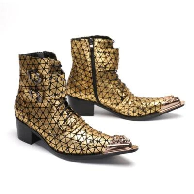 Мужские кожаные ботинки с пряжкой туфли на блочном каблуке металлический носок шнурует вверх молнии - Изображение 1 из 4