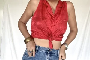 Vintage 80s Amilano Intimates Red Pajama Top Lingerie Flower Paisley Tank - Picture 1 of 13