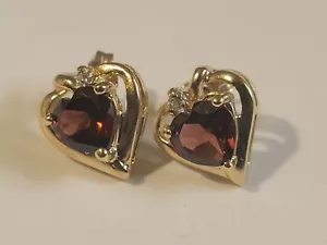 Vintage Gold Heart with Red Garnet Stone Earrings - Picture 1 of 12