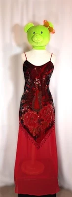 Vestido Ania.A 100% Seda Transparente Btm Rojo Iridecente Pavo Real Cuentas Lentejuelas Talla Grande Foto 1 de 4