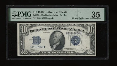 DBR 1934-C $10 Silver Fr. 1704 PMG 35 Serial B35197656A - Image 1 of 2