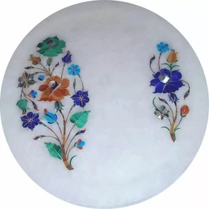 18" Luxurious White Marble Table Top Floral Design Marquetry Arts Bedroom Decors - Picture 1 of 8