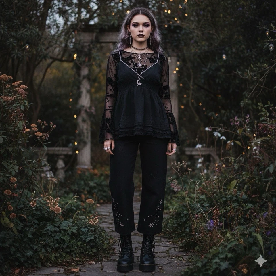 Старый темно-Y2K фея Майка M черный Y2K шелковая смесь готическая кукла Cami Whimsigoth - Изображение 1 из 4