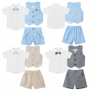 Baby Kids Boys Gentleman Suits Bow Tie Dress Shirt + Shorts + Vest 3PCS Outfits - Picture 1 of 52