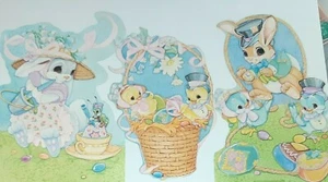 Vintage Easter Decorations Die Cut Set Flying Bunny & Blue Birds Fancy Top Hats - Picture 1 of 5
