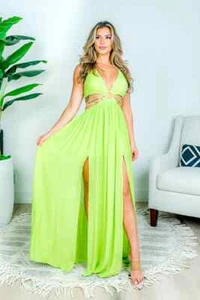 Lime Green Halter Maxi Dress Size Large Cut out Waist High Slit Partially Lined - Picture 1 of 3