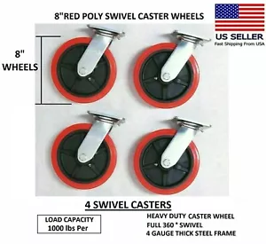 HEAVY DUTY 8" X 2" RED HARD POLY SWIVEL CASTER WHEELS 3/16" STEEL HR - Picture 1 of 8