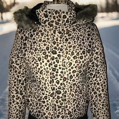Volcom Tan Brown Black Leopard print Removable Faux Fur Trim Hooded Puffer Coat - Image 1 of 4