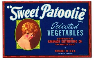 GENUINE PIN UP 1930S CRATE LABEL VINTAGE 7X5 SWEET PATOOTIE FLAPPER GIRL VEG - Picture 1 of 1