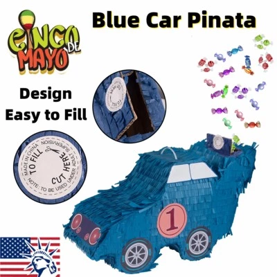 Blue Car Pinata Mexican Pinatas with Hanging Loop for Kids Birthday Party Decor - Image 1 of 4