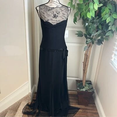 Vera Wang Silk Mesh Sleeveless Beaded Waist Evening Gown Black Sz 10 - Image 1 of 4