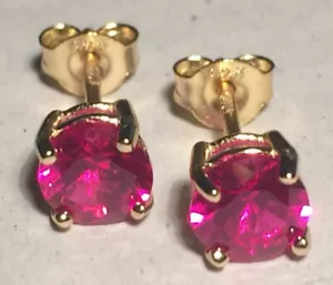 Ruby Red Sapphire Earrings 6mm Solid Sterling Silver - 14k Gold Plated - Picture 1 of 3