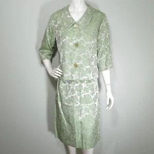 Vintage 1960s Skirt Jacket Set Large Green Floral Brocade Pam Paterson - Picture 1 of 10
