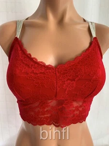 Gilly Hicks / reggiseno ~ bralette / pizzo trasparente / foderato / cinghie scintillanti / rosso - Foto 1 di 3