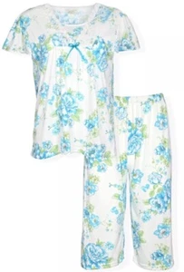 New JEFFRICO Women’s 2 Piece Cute Pajama Set Blue Floral Top & Capri Pants - Picture 1 of 9