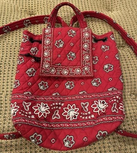 VERA BRADLEY Quilted Cotton Red Black White Backpack Bookbag Floral Paisley - Picture 1 of 10