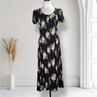 Vintage 90s Starina Black Floral Cotton Midi Dress Size 10 Grunge Button Front - Image 1 of 4