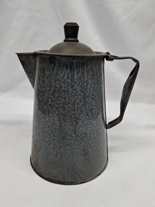 Vintage Granitgeschirr Kaffeekanne 9" hellgrau Emailleware aufgesetzter Deckel - Bild 1 von 10