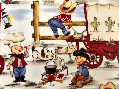 Vtg. Look  Michael Miller Flannel Fabric "Little Cowboy" Cowpokes Western Wagons - Image 1 of 4